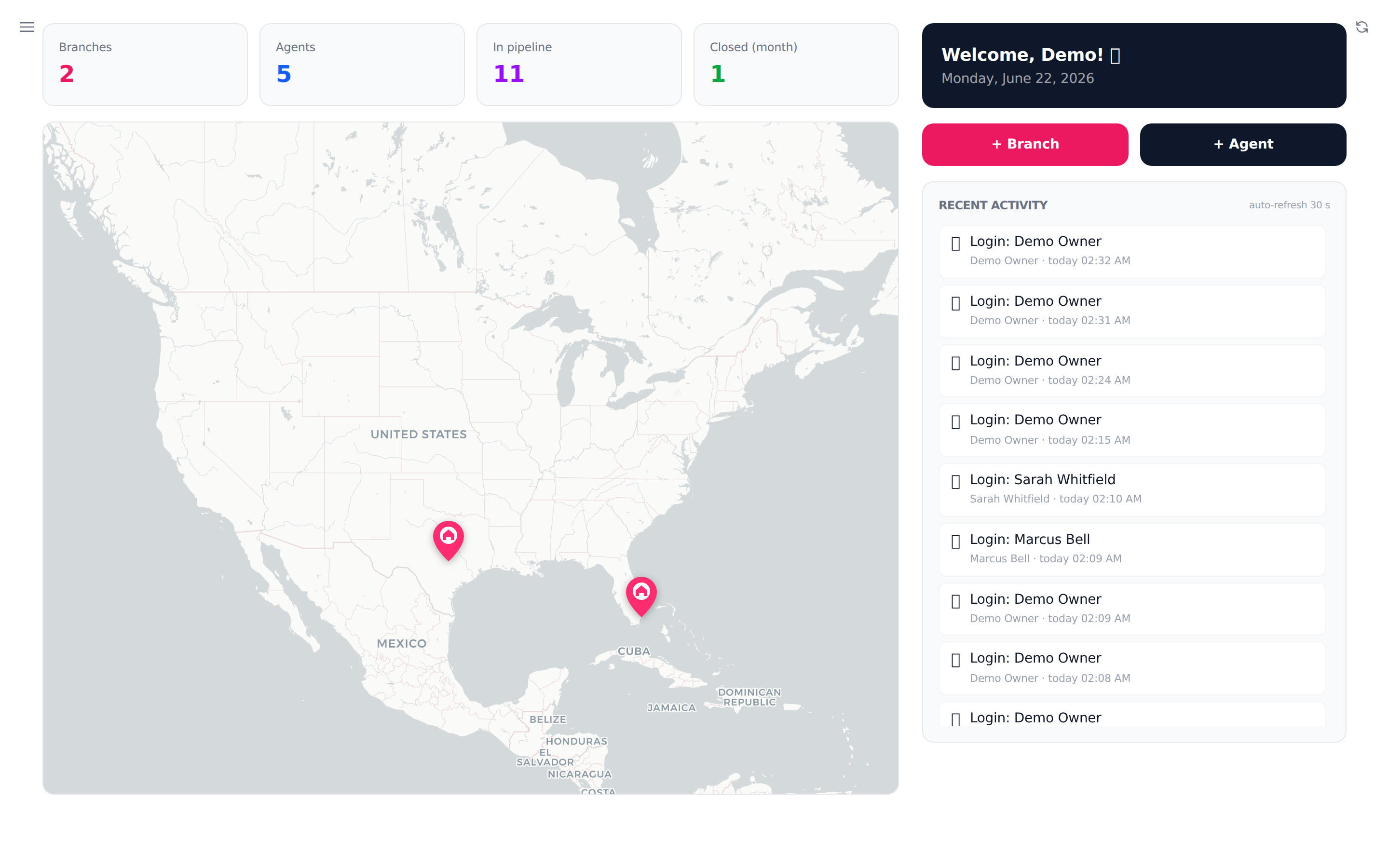 Custom CRM — live pipeline & map